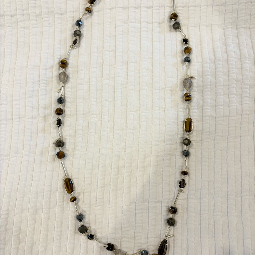 Kendra Scott Ruth Necklace. Tiger's Eye and Gray Bead Long Necklace